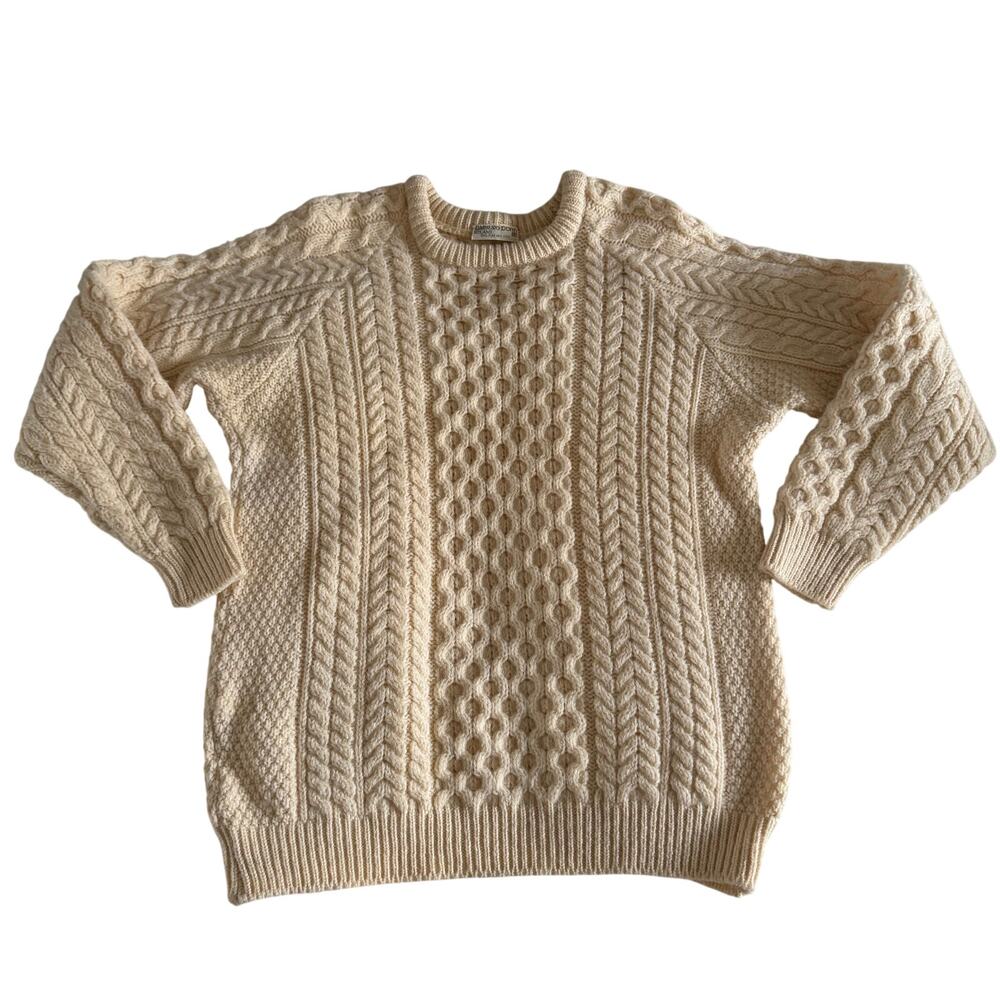 Vtg Carraig Donn Cream 100% Irish Wool Crew Cable Knit Sweater Sz 42 Fisherman